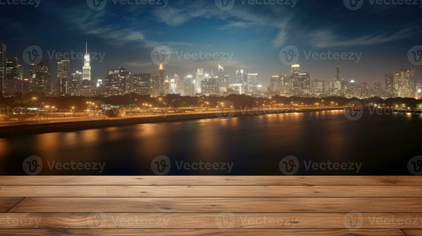 AI generated Blank wood tabletop with blurred night city skyline and river, showcase, nightlife, AI Generative photo