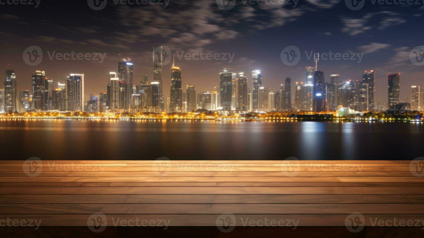 ai generado blanco madera mesa con borroso noche ciudad horizonte y río, escaparate, la vida nocturna, ai generativo foto