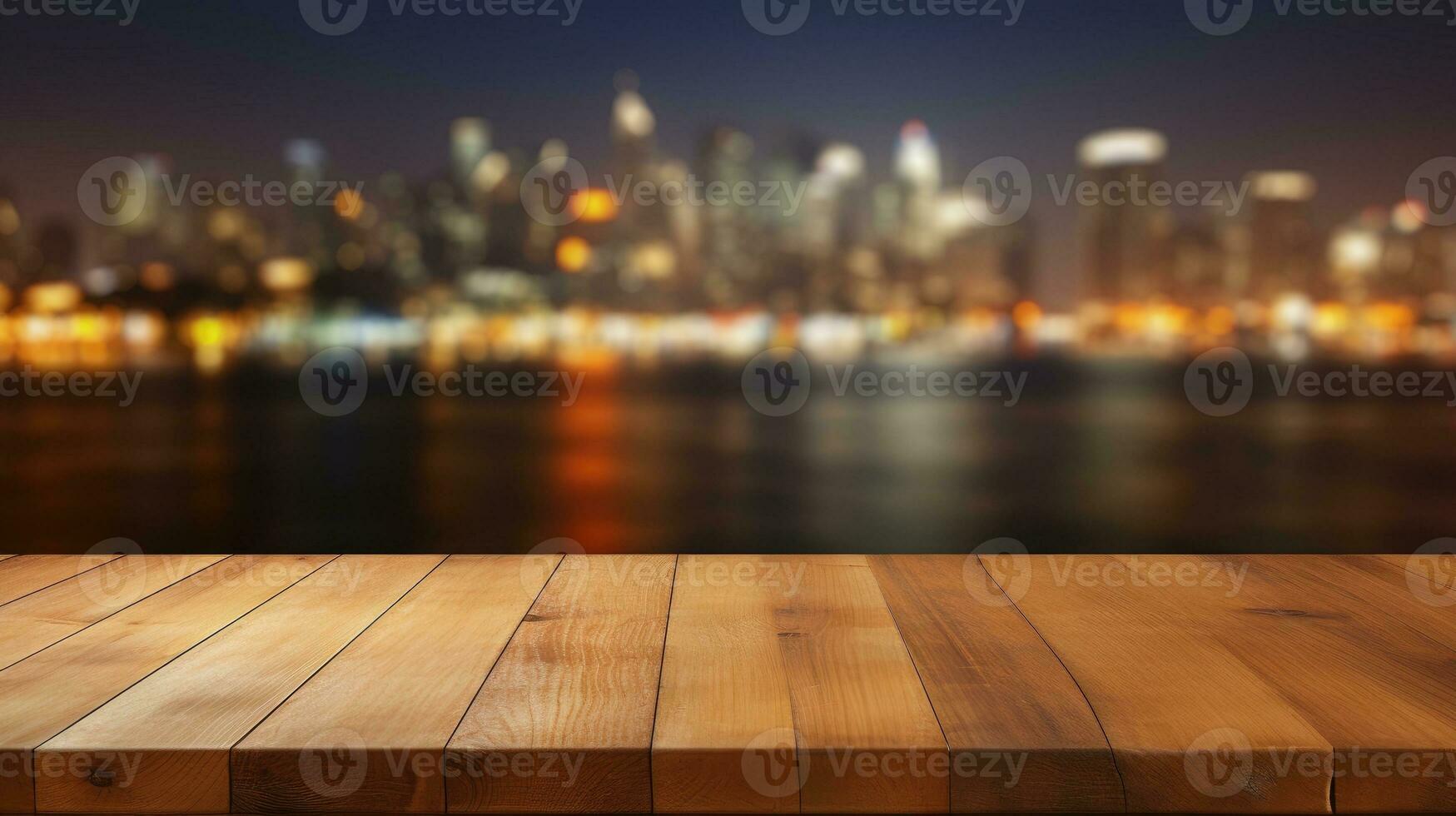 AI generated Blank wood tabletop with blurred night city skyline and river, showcase, nightlife, AI Generative photo