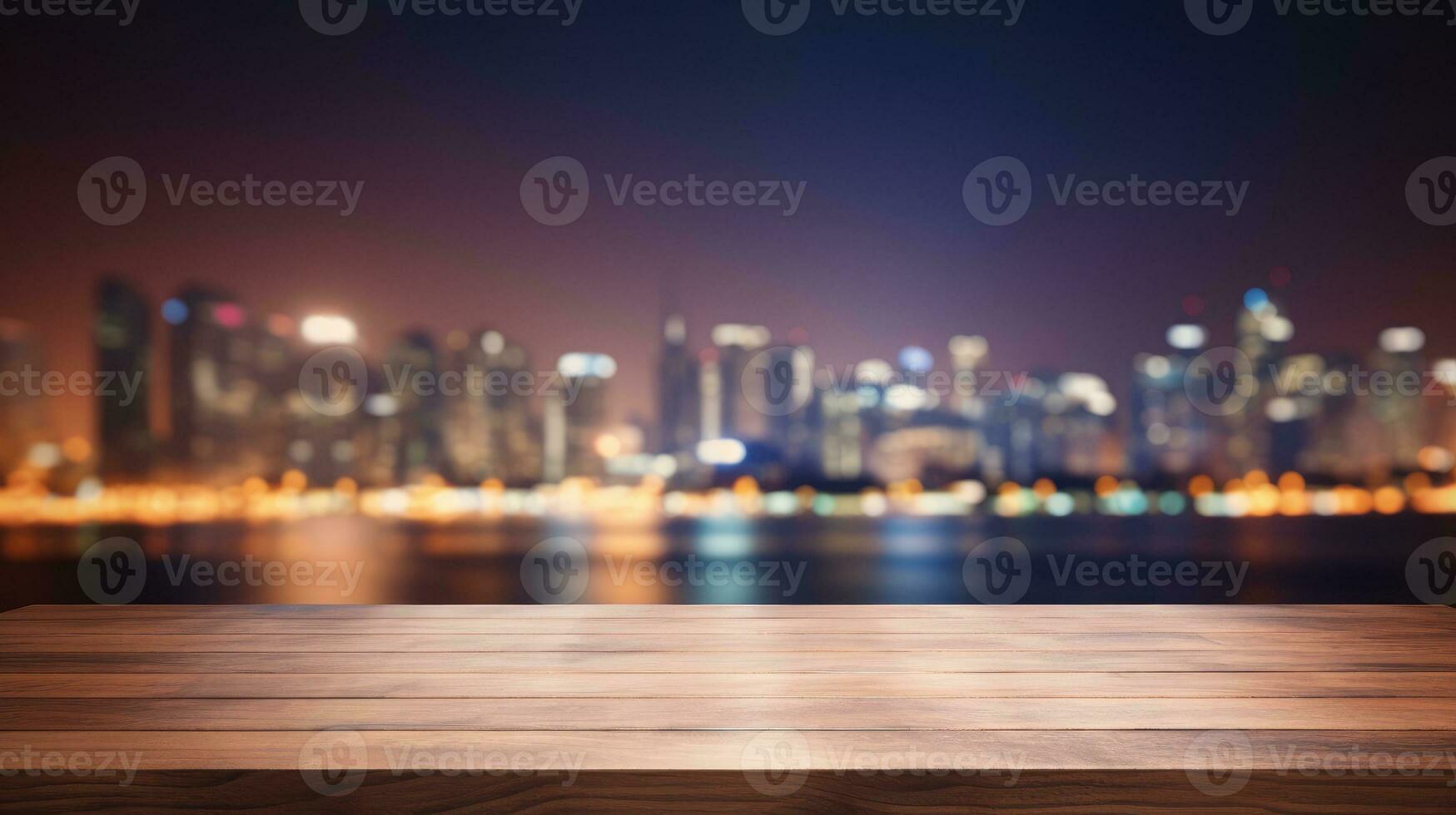 AI generated Blank wood tabletop with blurred night city skyline and river, showcase, nightlife, AI Generative photo