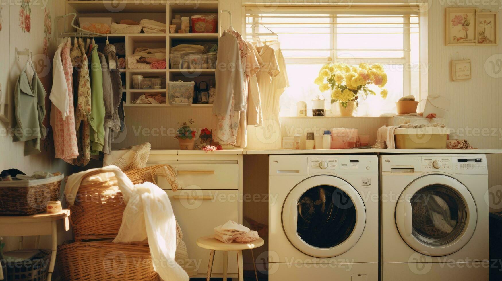 AI generated Messy Laundry room, minimal style with sunlight, AI Generative photo