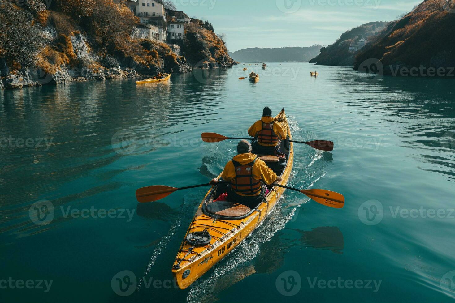 AI generated Drone view of people going kayaking photo