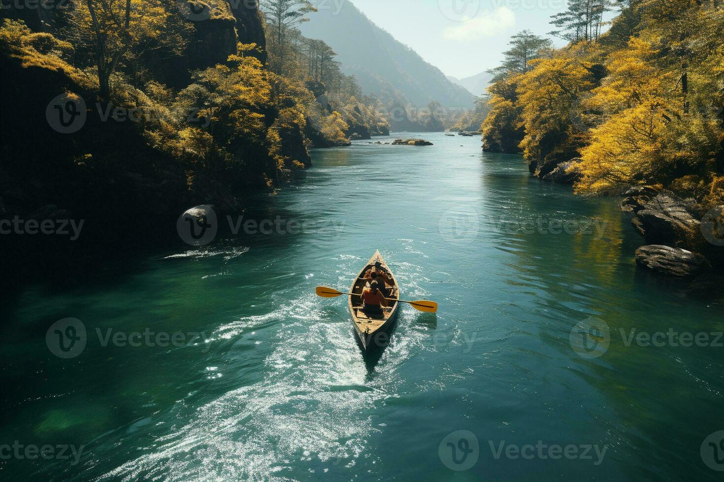 AI generated Drone view of people going kayaking photo