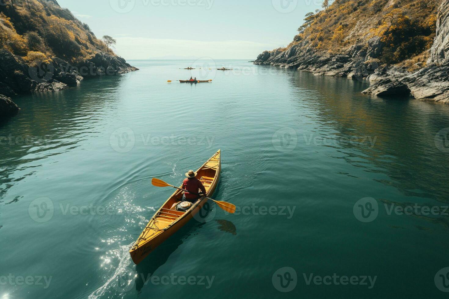 AI generated Drone view of people going kayaking photo