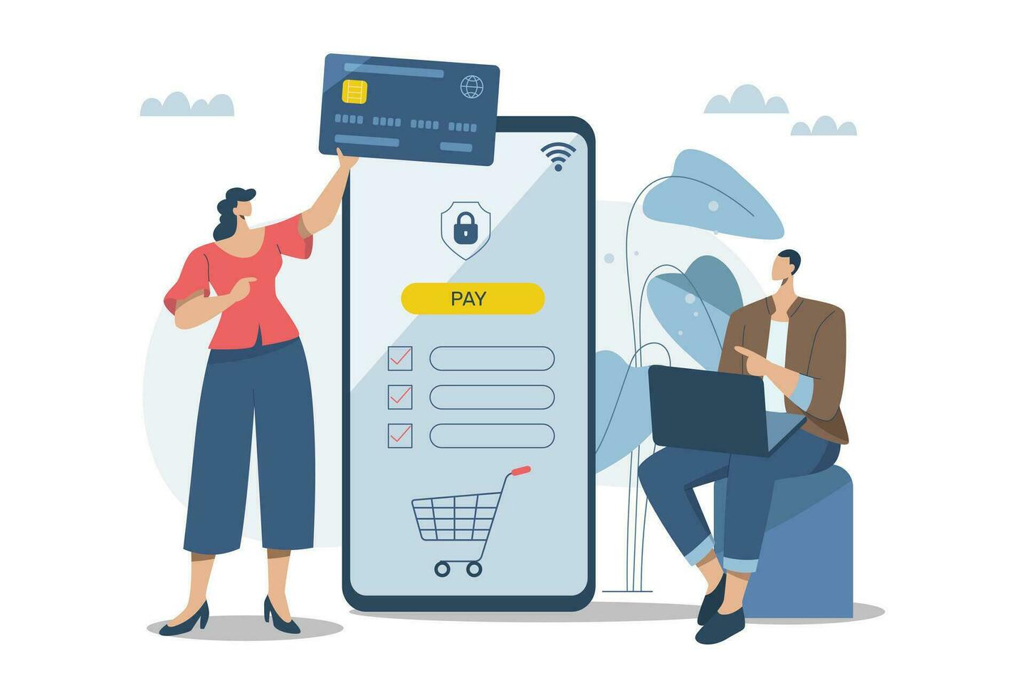 Online transactions, Pay by credit card via electronic wallet, Smartphone with Online Payment, Businessman and woman conducts financial transactions with bank electronically wirelessly. vector
