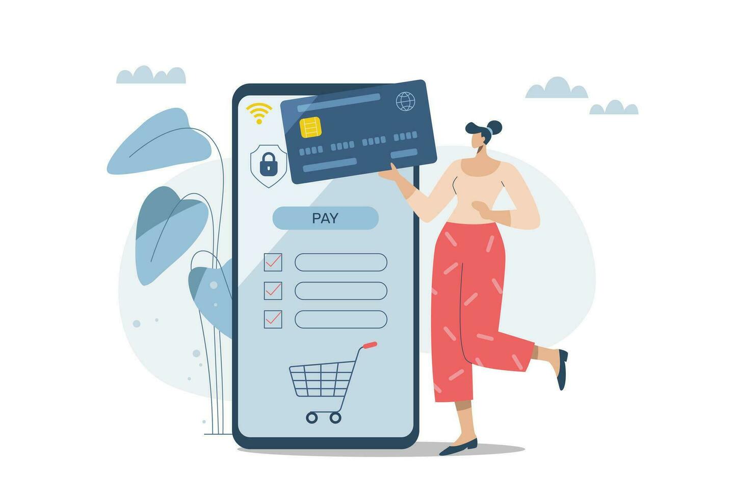 Online transactions, Pay by credit card via electronic wallet,  Electronic payments, Smartphone with Online Payment, Businesswoman conducts financial transactions with bank electronically wirelessly. vector