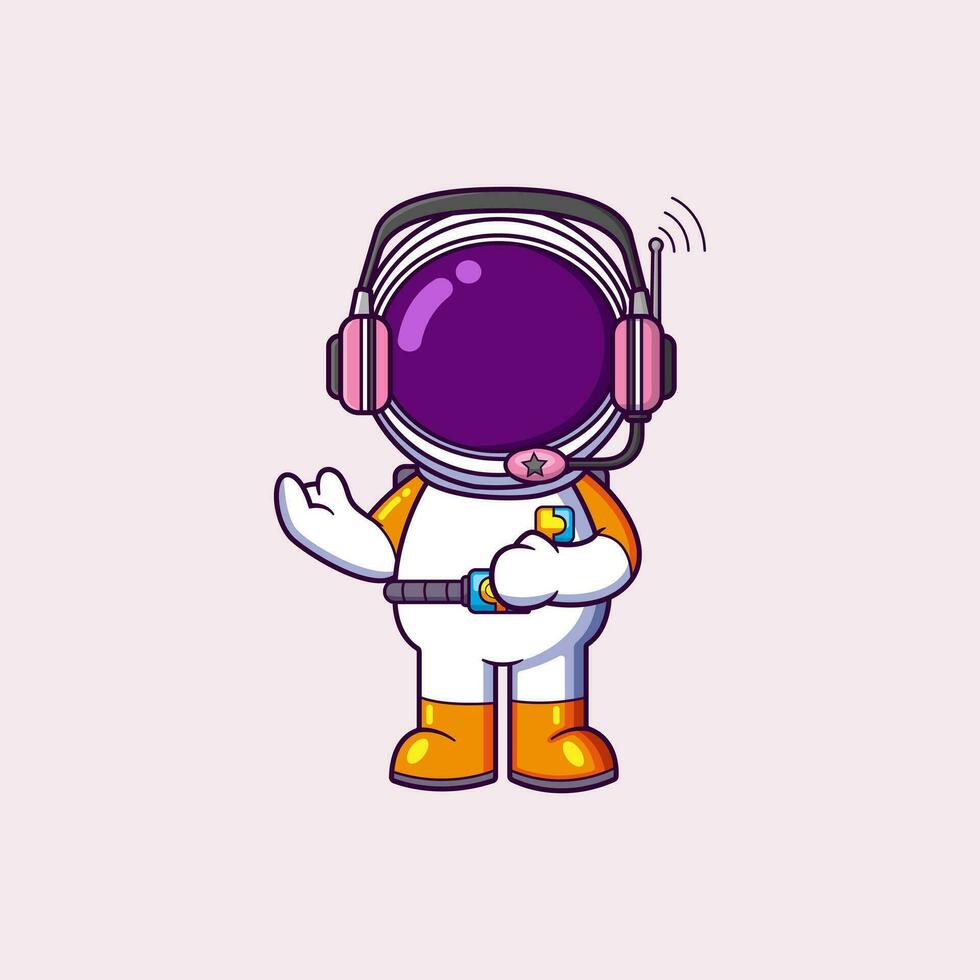 Cute Astronaut profesional reporter using earphone. Science Technology Icon Concept vector