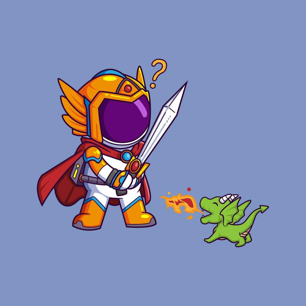 Cute Astronaut Knight With sword and little dragon. Science Technology Icon Concept vector