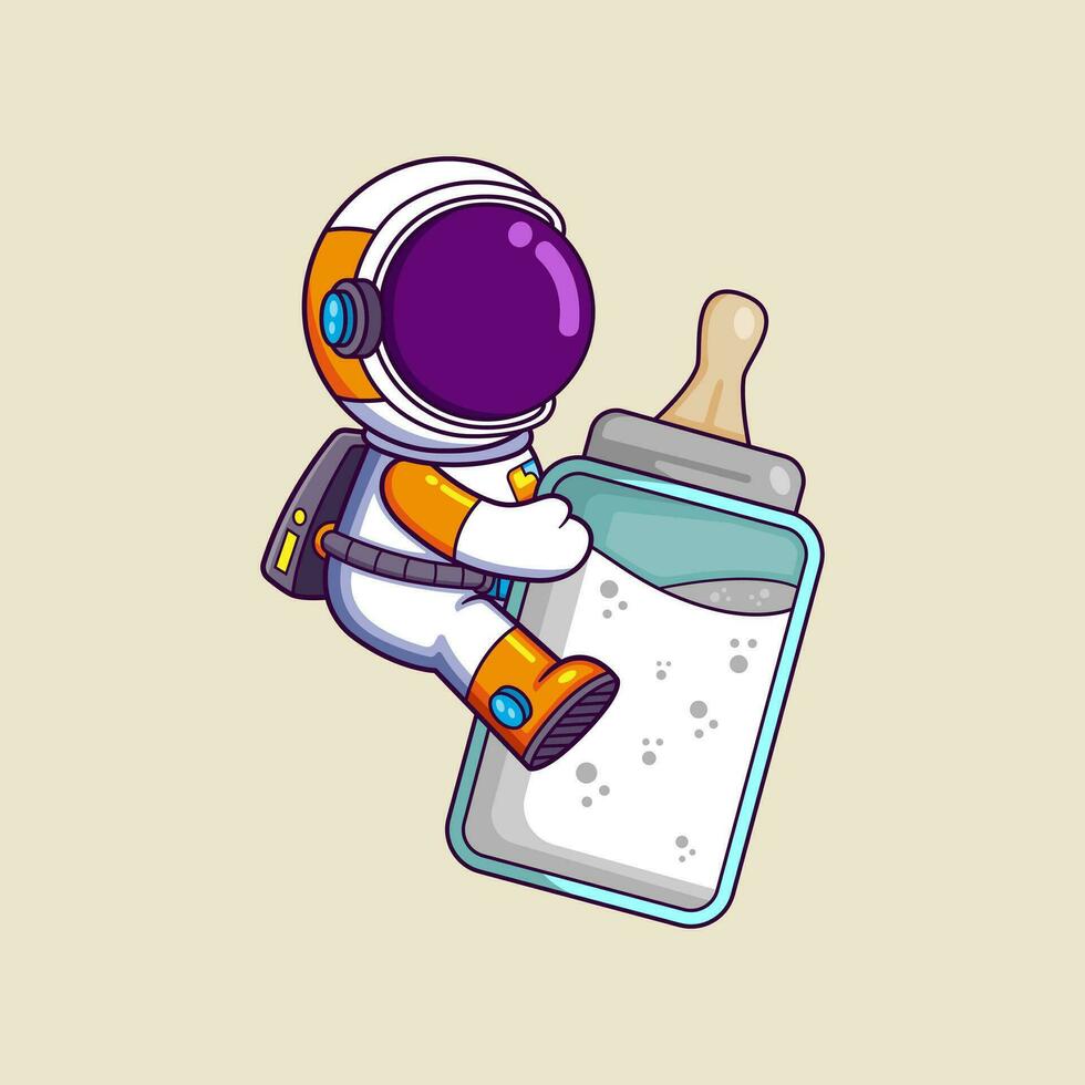 Cute Astronaut riding a big bottle milk. Science Technology Icon Concept vector
