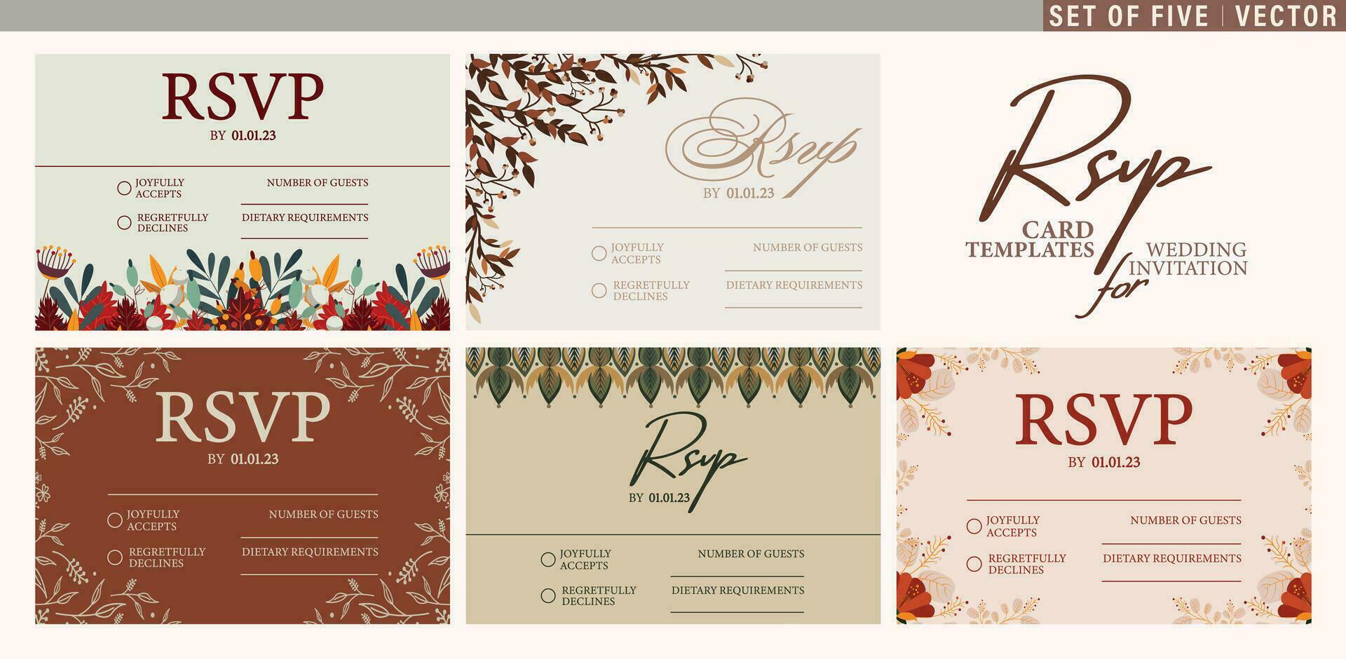 rsvp Boda tarjeta plantillas en otoño colores. conjunto de cinco floral florido plantillas con sitio para texto vector