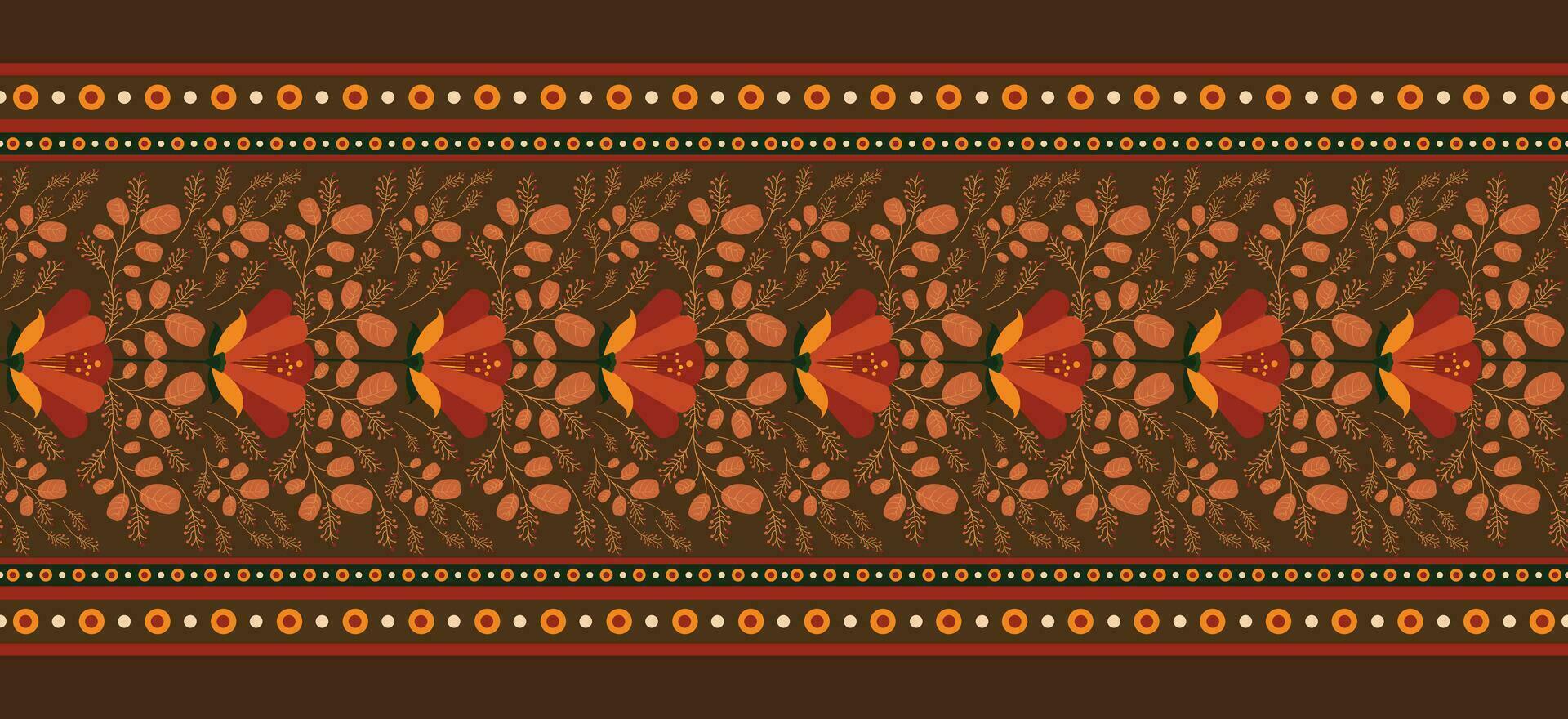 Seamless border design with ethnic floral pattern. Repeat pattern with floral elements. Can be used for textile design, invitation card design, frames, border, knitwear, print, texture etc. vector