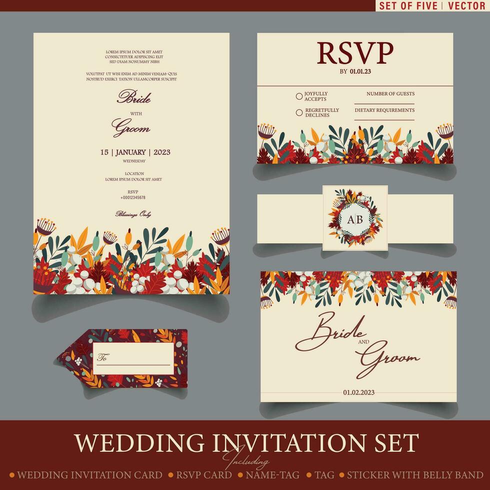 Trendy wedding invitation set templates. Set of five fall themed vector templates with floral elements including wedding card, RSVP card, tag and name card.