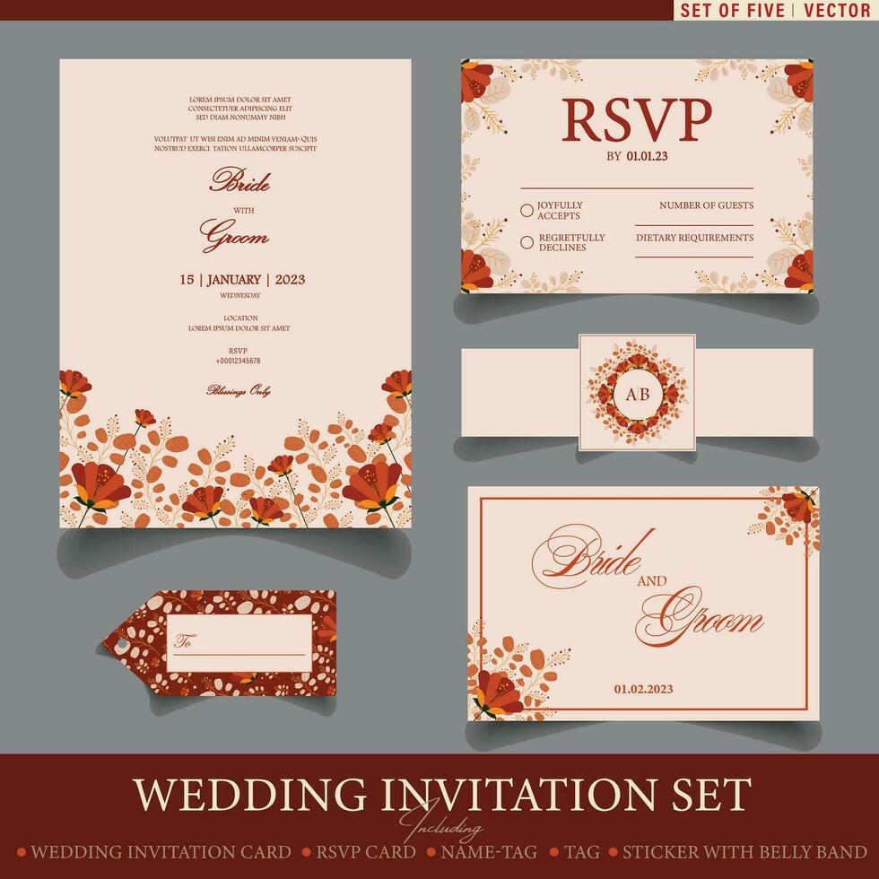 Trendy wedding invitation set templates. Set of five fall themed vector templates with floral elements including wedding card, RSVP card, tag and name card.