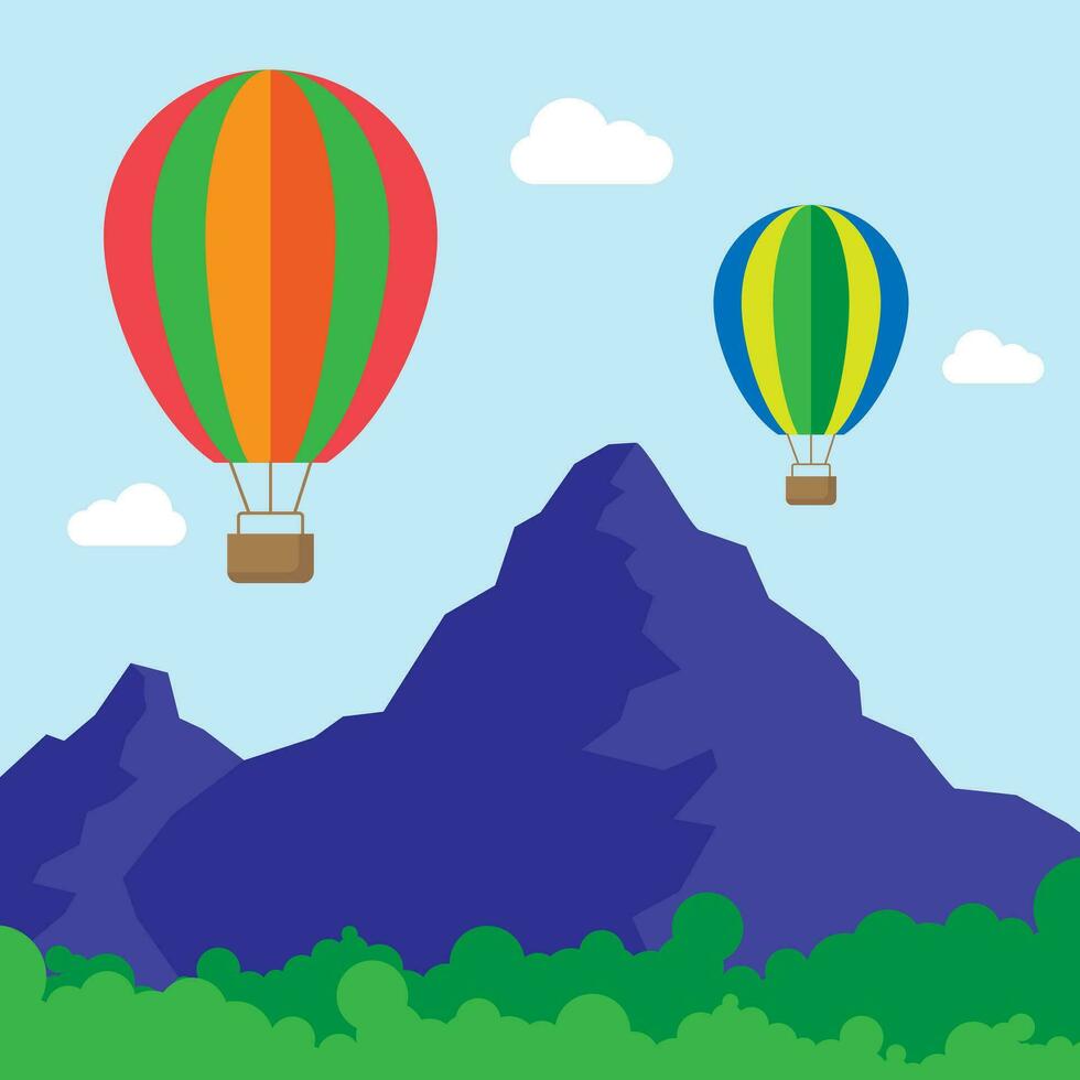 Simple vector flat design of two hot balloon are flying over blue mountain for travel trip, journey and relaxing concept, two hot balloon are flying over blue mountain for travel