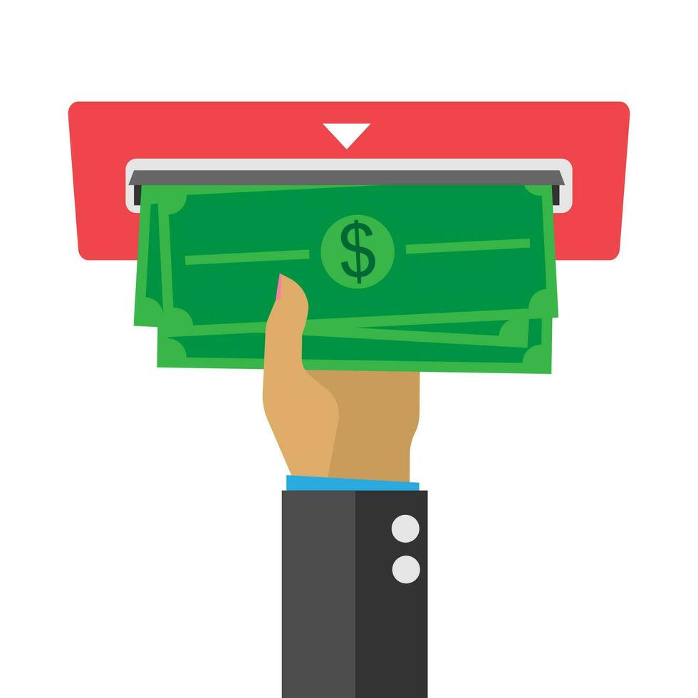 Vector flat style of hand receive money from automatic machine, money automated service, banking and financial concept, copy space for text, editable shape and object