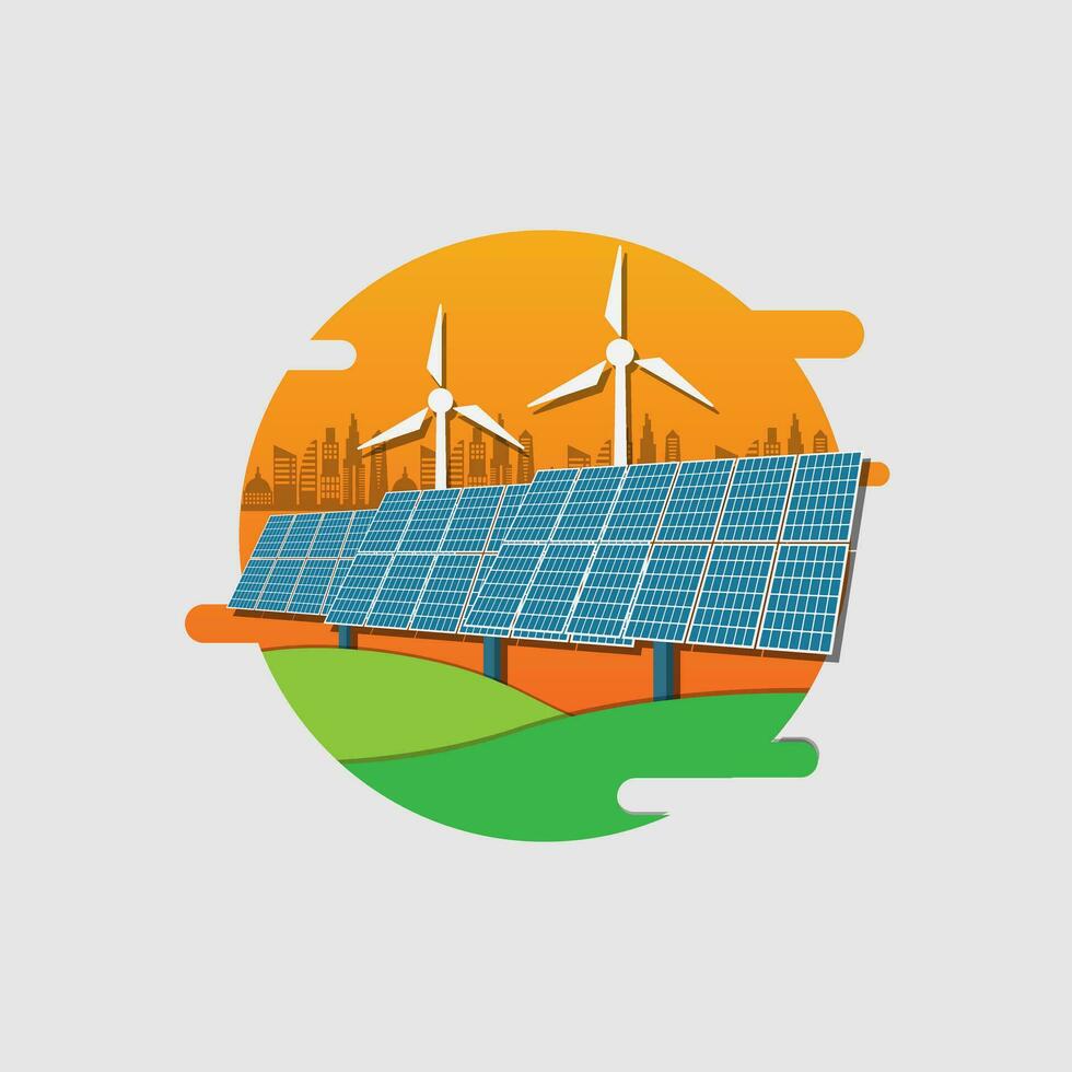 Vector flat style of solar cell and wind turbine sustainable energy, renewable electricity environmental power concept, future innovation system, editable shape object and copy space for text