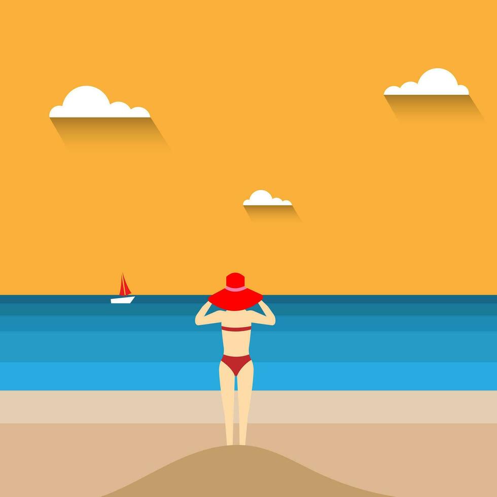 Vector flat design of seascape with a person wear red head bikini suit looking far away, freedom and relaxing time, journey or trip traveling concept, editable object copy space for text and design