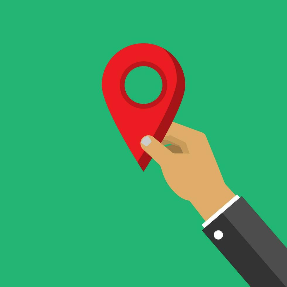 Simple hand catching red pointer on the green background, journey and travel planning concept, vector flat design editable shape and object copy space for text, design, eps10