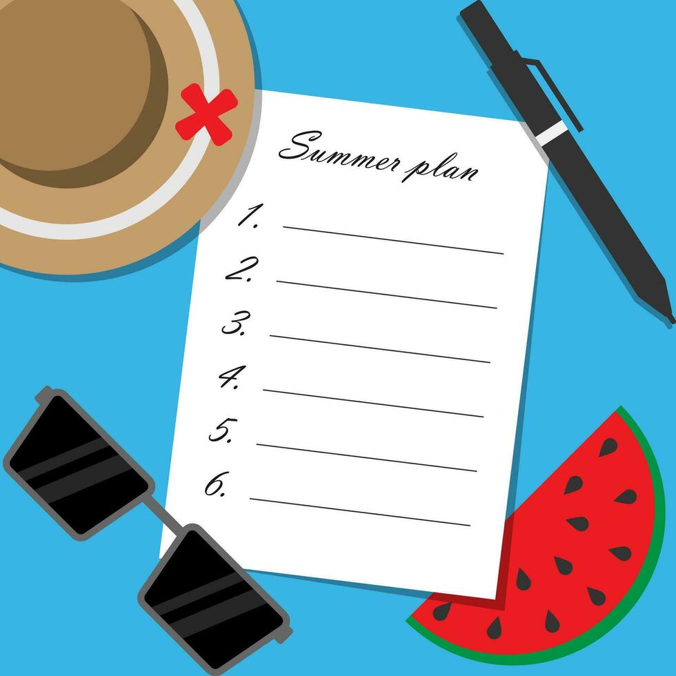 Vector flat style top view of summer plan paper, hat, pen, sun glasses, water melon blue background, relax and journey travel trip concept, copy space for text l