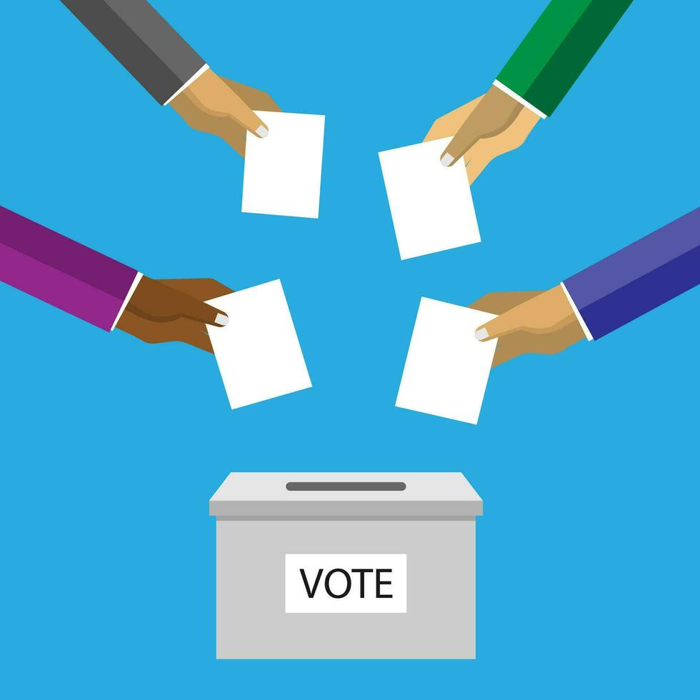 Vector flat style of four hands push vote paper into the box, political and president decision concept, candidate party government campaign, blue background, editable shape and object.