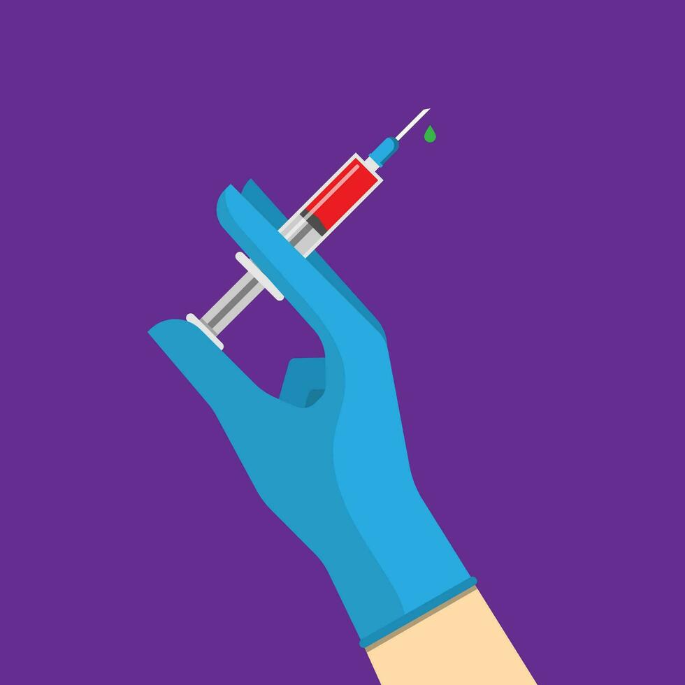 A doctor hand wearing medical glove holding syringe prepare for inject a drug, vaccination pharmacy and healthcare concept, editable shape object copy space for text and design, vector eps10