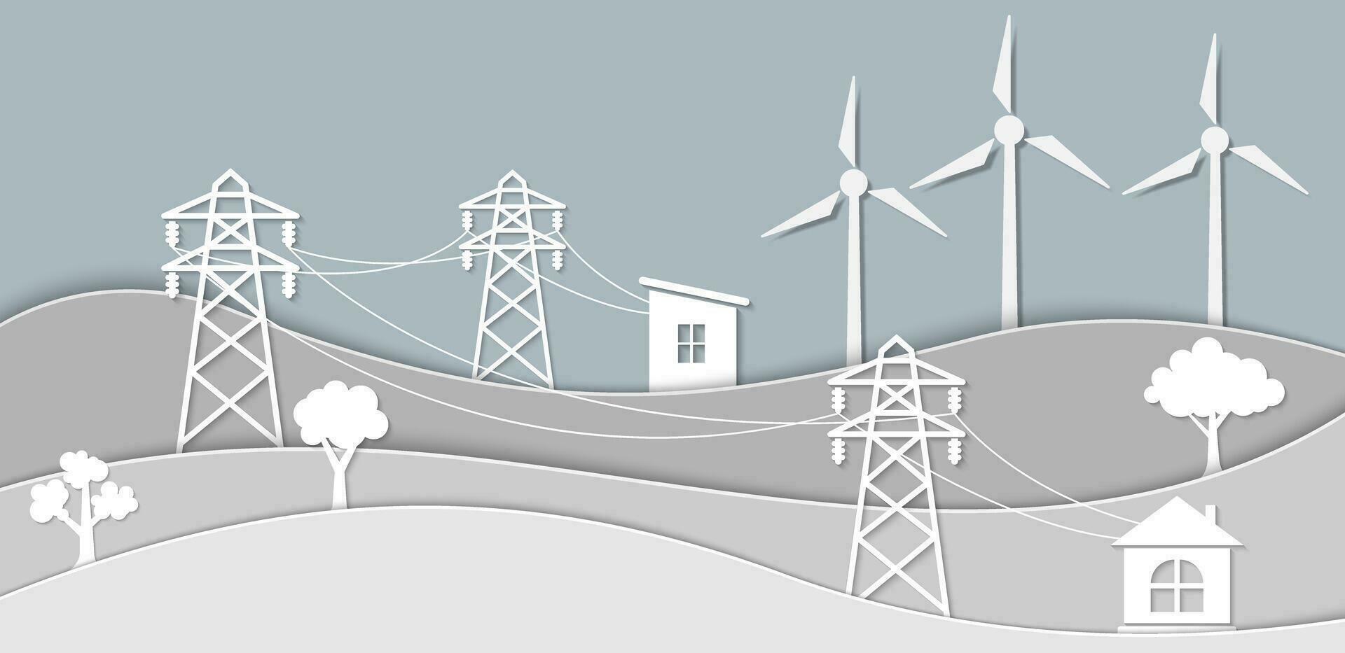 Monotone paper cut of renewable engery, wind turbine friendly environment, sustainable ecosystem electricity concept vector