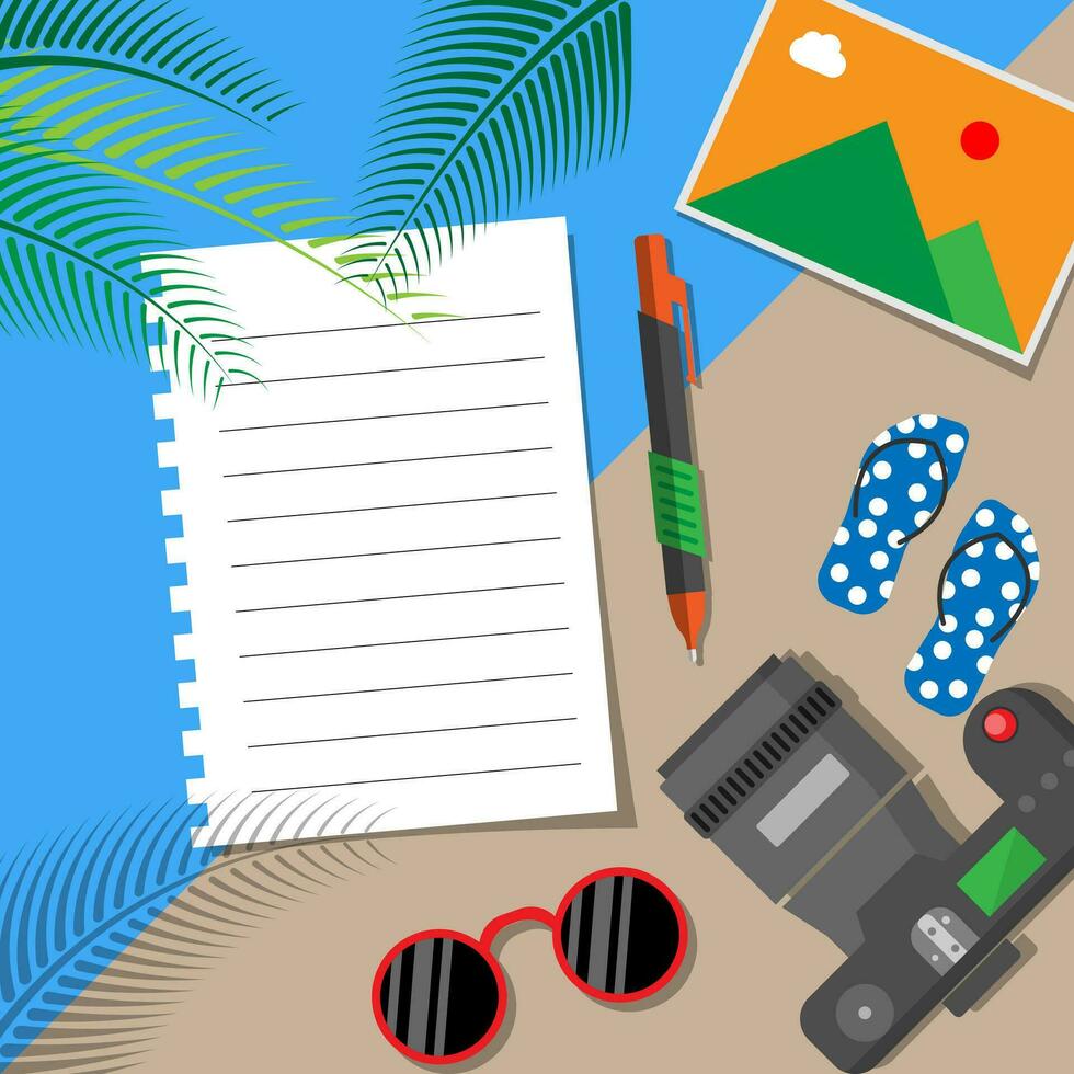 Vector flat style top view of summer plan empty paper for text, relax and journey travel trip concept, copy space for text list and design, seascape and beach vacation