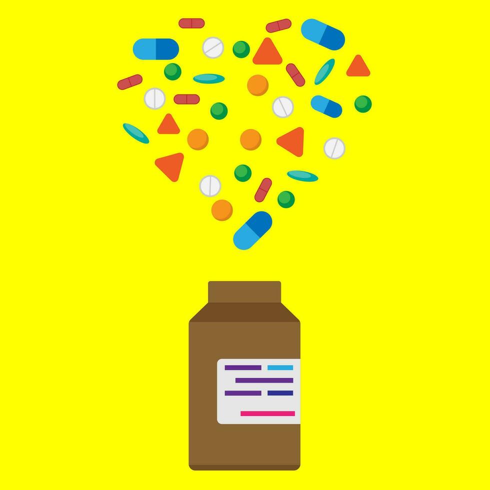 Vector flat style of multi type of drug look like hearth object, bottle of medicine drug, cure and science pharmacy concept, editable shape or object copy space for text and design