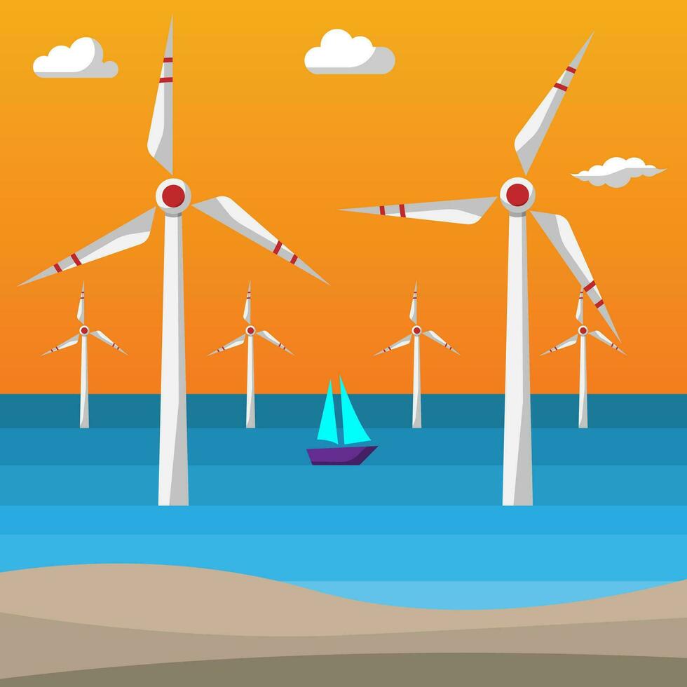 Vector flat style of wind turbine power sustainable energy, renewable electricity environmental power concept, future innovation system, editable shape object and copy space for text