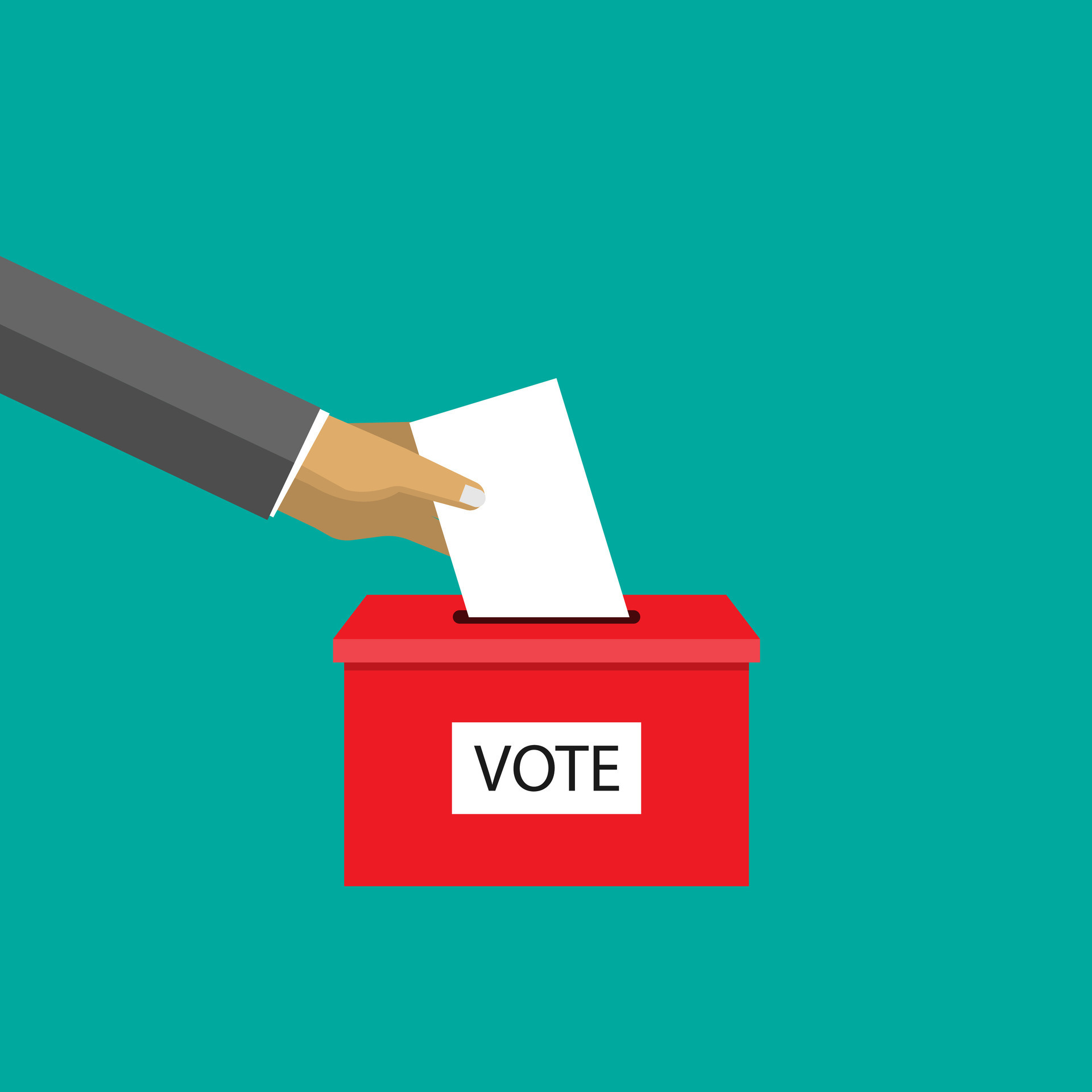 Vector flat style of hand getting paper vote into red box , political