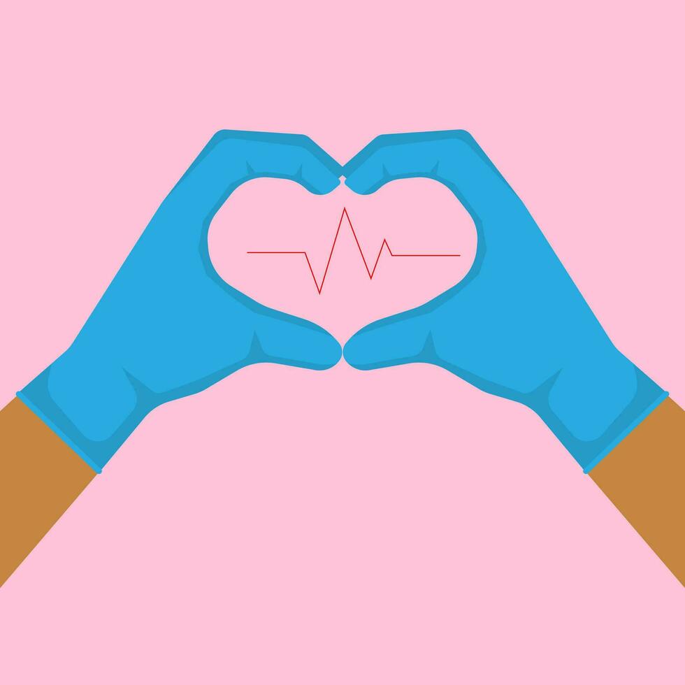Simple vector flat design of doctor hand wearing glove making heart and take care symbol, save life and friendship take care concept, editable shape object copy space for text and design, vector eps10