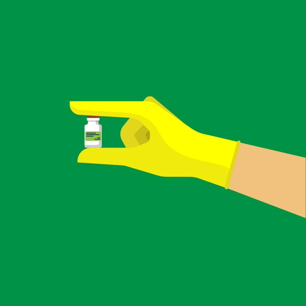 A doctor hand wearing yellow glove holding capsule of medicine, vaccination pharmacy and healthcare concept, editable shape object copy space for text and design, analogous color vector