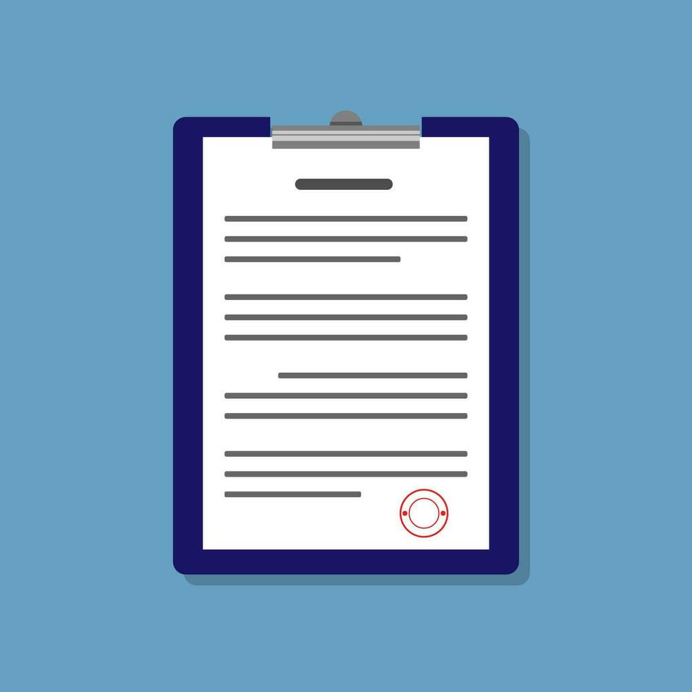 Vector flat design of document or form on the folder waiting for sign and stamp on the blue background, paperwork information application concept, editable shape object copy space for text and design