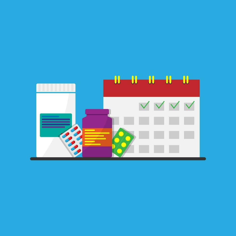 Simple vector flat design of medicine, pills, calendar schedule and time for take medicine concept, editable shape object copy space for text and design, vector eps10