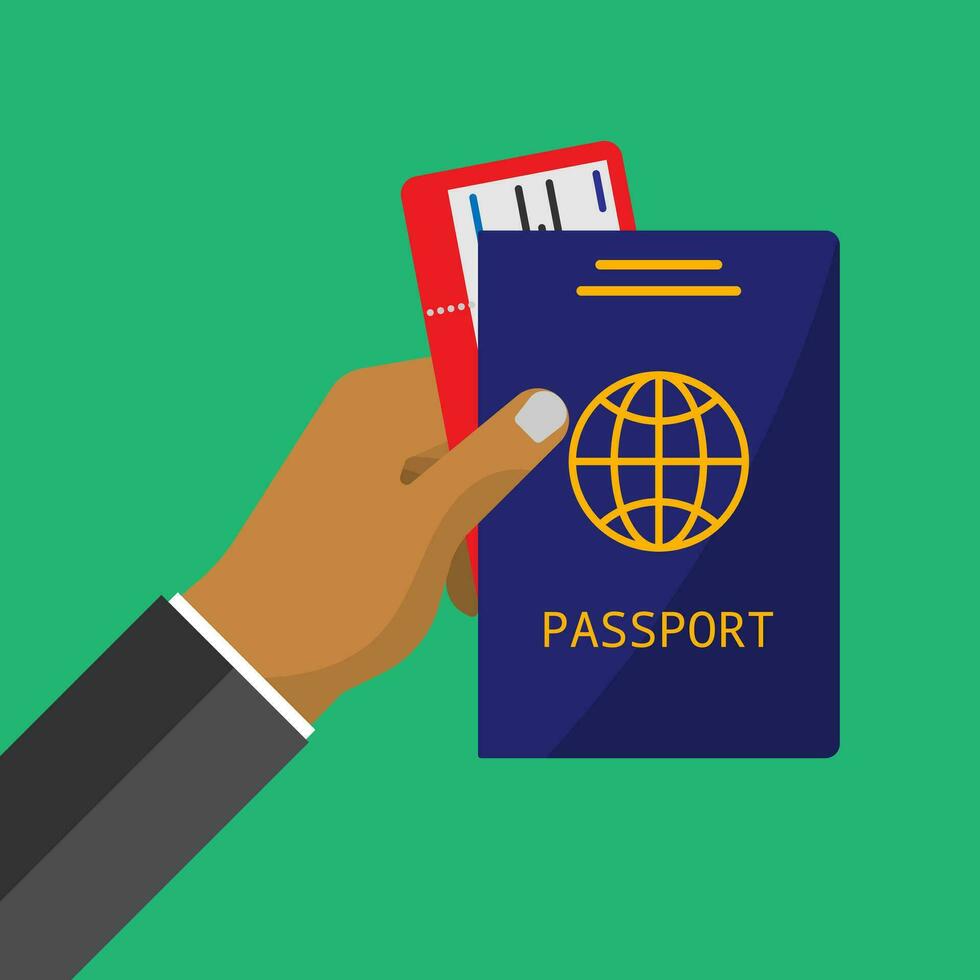 A business male hand holding passport and airplane ticket on the green background , travel journey identity and transportation concept, vector flat style eps10, editable object copy space for text