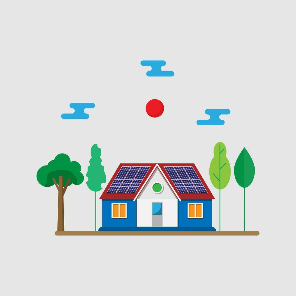 Vector flat design of house with solor cell panel on the roof, renewable electricity friendly energy power