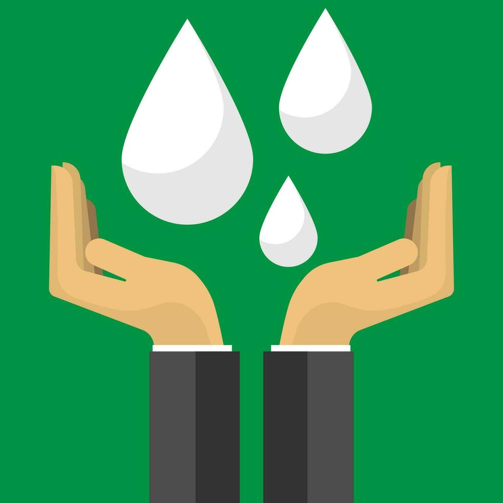 Vector closeup arm saving water drop falling on the green background, climate change global warming concept, future renewable energy and life, editable object shape copy space for individual text