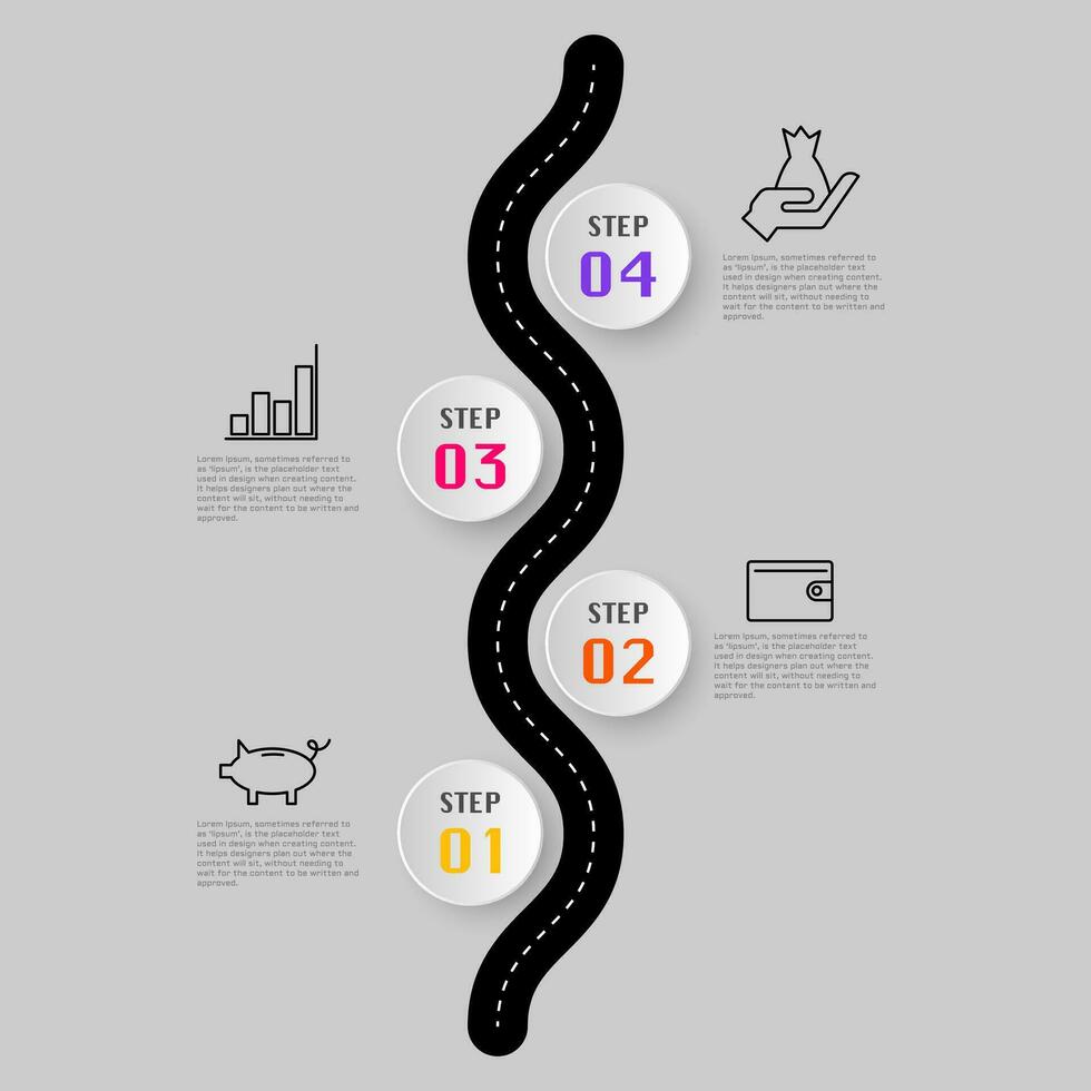 Simple vector journey template, road related icon gradient circle small shadow, flow and step of growth business planning concept, editable object shape copy space for individual text