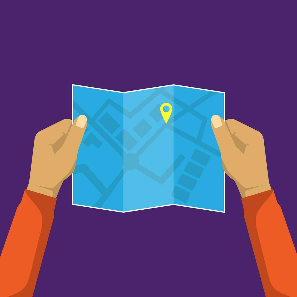 Vector hands holding map for travel guide, searching pin point for journey trip concept, editable object copy space for text and design