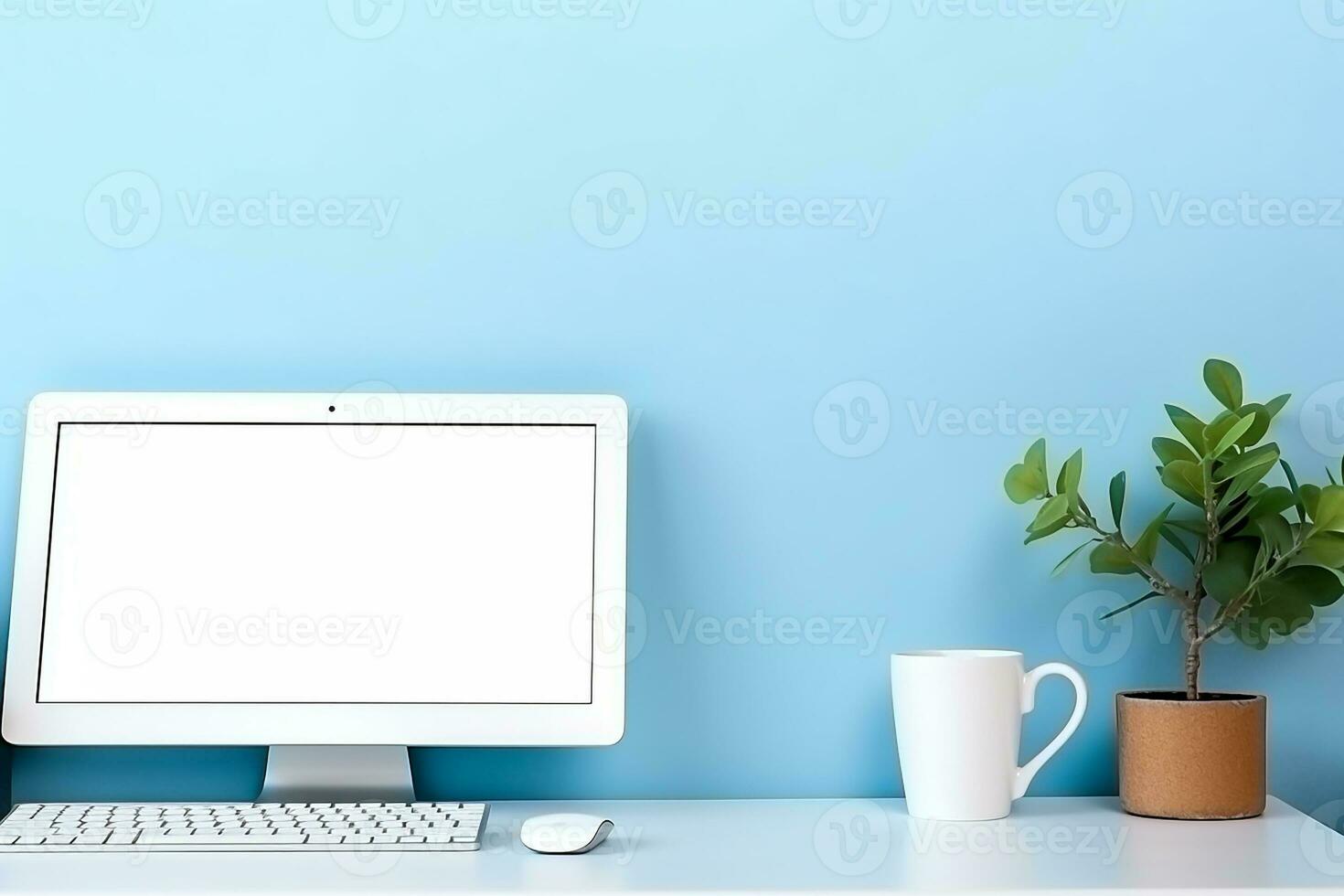 AI generated Wood office desk table with laptop computer, cup of coffee and supplies. Top view with copy space, flat lay. photo
