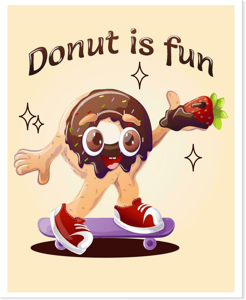 Donut is fun. Chocolate cartoon donut with strawberries in retro style. Retro cartoon vector illustration for print, banner, menu for cafe, restaurant, bar.