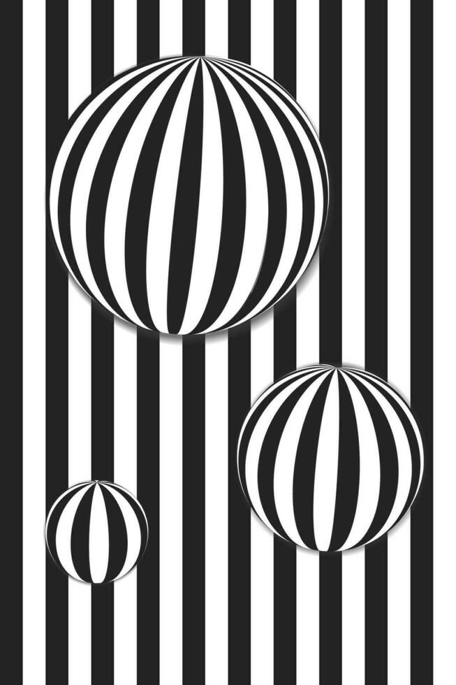 Background of black and white vertical strip and 3d-figures. Templates for banner, cover, poster, postcard. Abstract black and white patterns. Optical 3D art vector