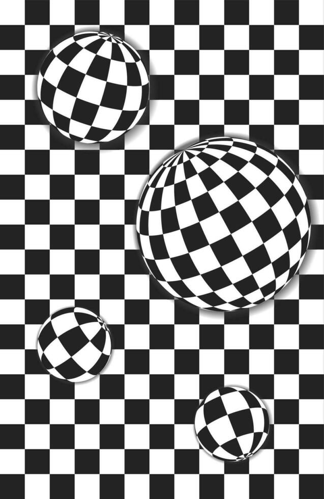 Background of black and white cage and 3d shapes. Templates for banner, cover, poster, postcard. Abstract black and white patterns. Optical 3D art vector