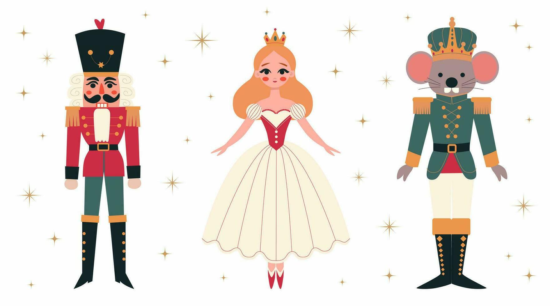 Navidad conjunto de caracteres desde el invierno hada cuento de el ballet cascanueces historia. cascanueces, ratón rey, princesa bailarina. hada cuento caracteres. de colores vector ilustración en plano estilo