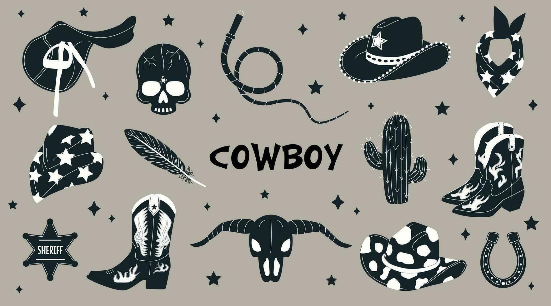 mano dibujado negro y blanco vector vaquero accesorios. colección de retro elementos. vaquero occidental y salvaje Oeste tema. conjunto de vaquero sombrero, botas, cactus, lazo, vaca cráneo, herradura, sillín, pluma.