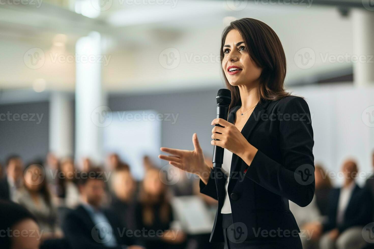 AI generated Female speaker giving a talk on corporate business conference. Unrecognizable people in audience at conference hall. Business and Entrepreneurship event photo