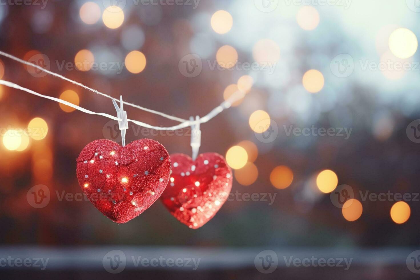 AI generated Valentine day love beautiful hearts hanging on branch of tree photo