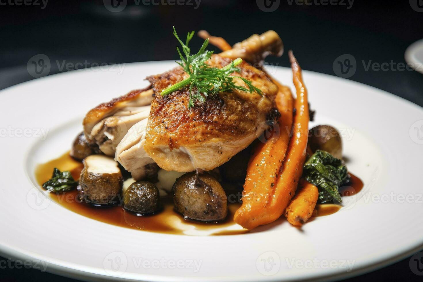 AI generated Plated chicken roast dinner on a white plate with carrot and morel mushroom. AI Generated. photo