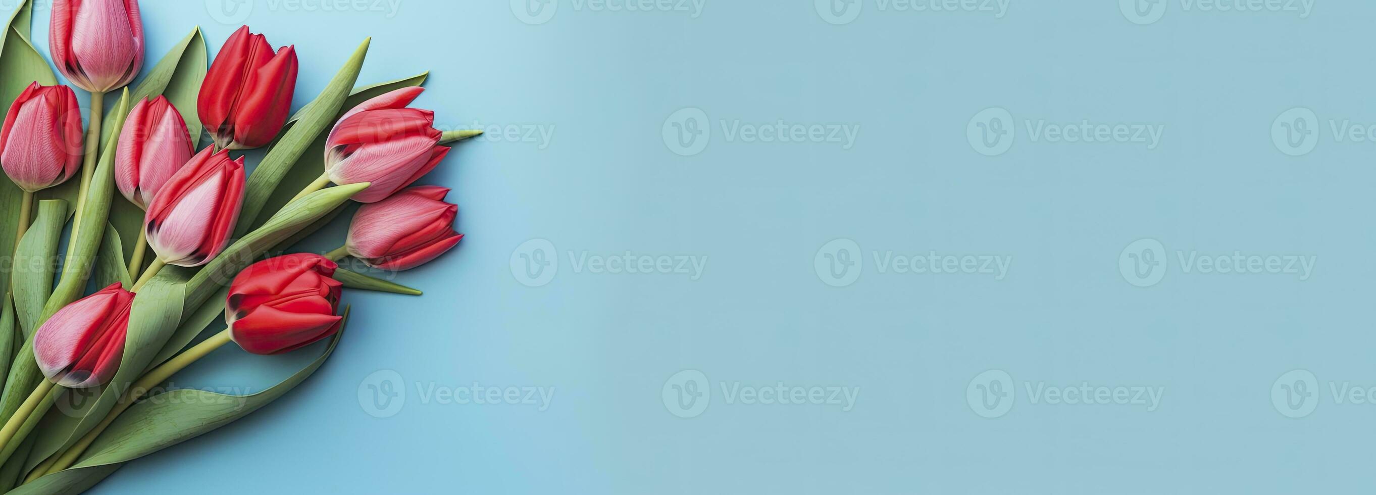 AI generated Bouquet of red tulip on blue Background. Top view with copy space.  AI Generated photo