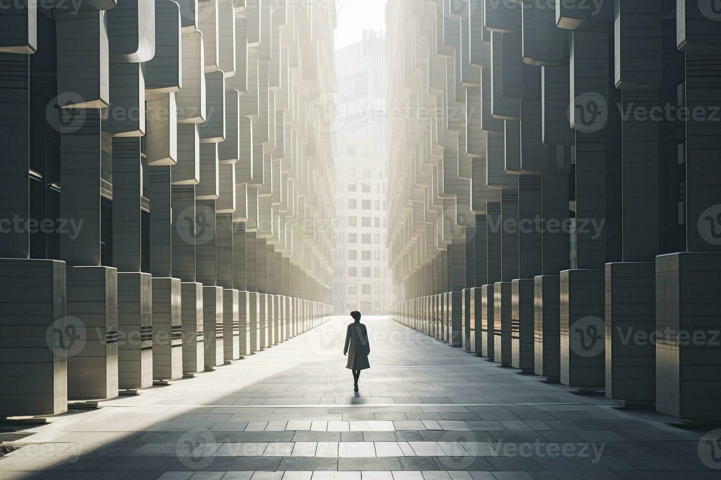 AI generated Woman walking in futuristic brutalist city street.  AI Generated. photo